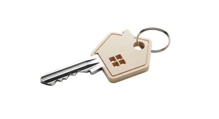 A single house shaped key with a metallic silver key blade and a circular keyring isolated on white background