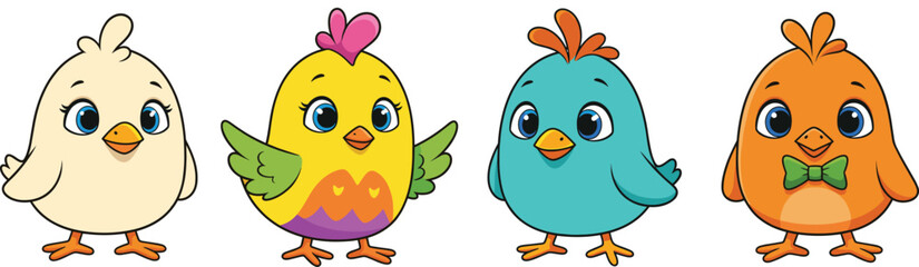 Cute colorful cartoon birds illustration, vector animal characters, children’s design, decorative artwork, playful avian clipart, educational graphics, whimsical drawing