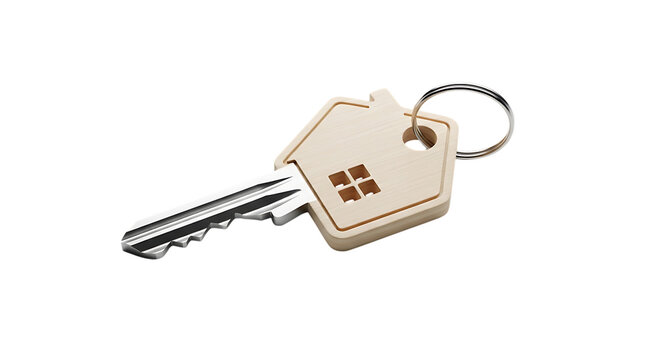 A single house shaped key with a metallic silver key blade and a circular keyring isolated on white background - Powered by Adobe