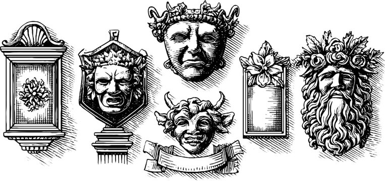 Vintage architectural ornaments and medallion masks collection for design and decoration