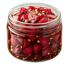 Pickled Radishes In Glass Jar. Fermented Vegetables For Culinary And Health Benefits Isolated On Transparent Background