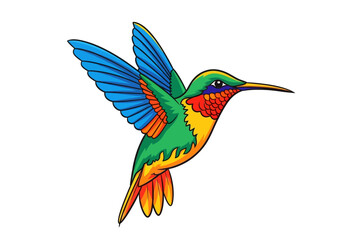 A vibrantly colored hummingbird is depicted in a fullbody sideprofile illustration against a plain white backdrop
