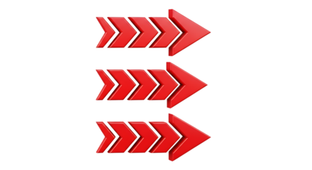 Three vibrant red chevron arrows pointing right in a vertical stack isolated on white background