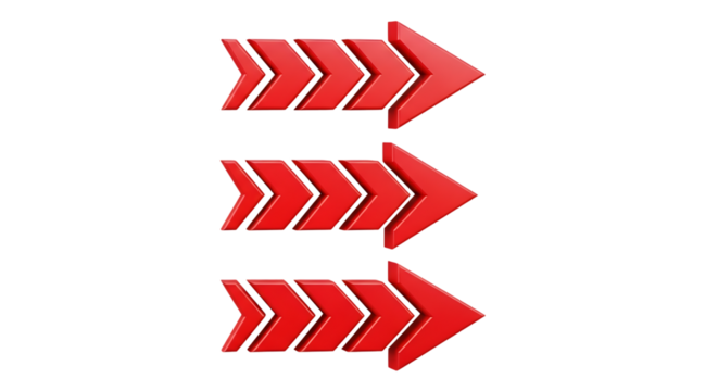 Three vibrant red chevron arrows pointing right in a vertical stack isolated on white background