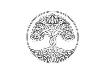 Circular emblem depicting a tree with intertwined trunk leaves and roots