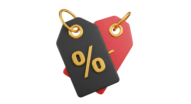 Two heart shaped discount tags one black and one red with golden percentage symbols isolated on white background