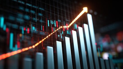 Abstract representation of financial growth with rising bars and data analysis elements emphasizing market trends and economic development in digital display