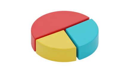 Colorful 3d pie chart graphic with three distinct segments representing data analysis isolated on white background