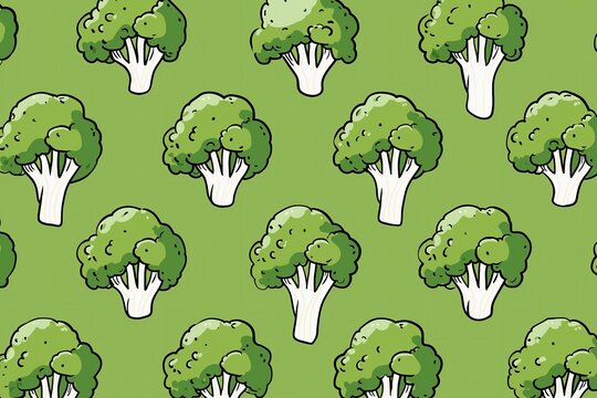 Broccoli vegetable seamless repeating pattern on green background, flat vector graphic design in simple cute cartoon doodle sketch style, ideal for food packaging, textile print, and educational mater