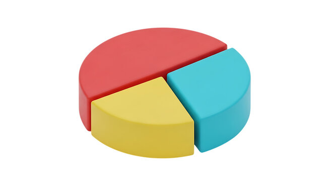 Colorful 3d pie chart graphic with three distinct segments representing data analysis isolated on white background