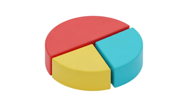 Colorful 3d pie chart graphic with three distinct segments representing data analysis isolated on white background