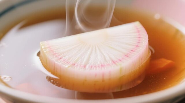 Fresh daikon radish slices steaming in warm broth, showcasing vibrant colors and delicate textures, evoke sense of healthy comfort and warmth