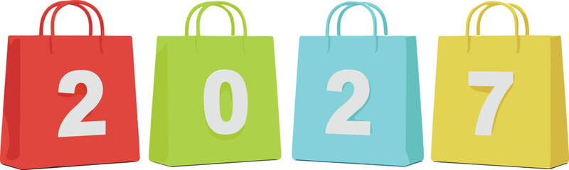 Shopping bags with numbers forming 2027, colorful retail concept, future sale promotion, marketing design, commerce background, holiday shopping, business illustration