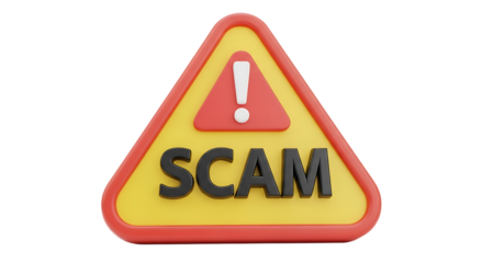 Warning sign alerting danger of scam with exclamation mark isolated on white background