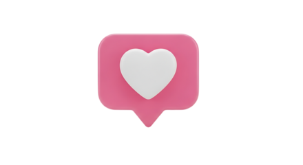 A 3d rendered pink speech bubble icon with a white heart symbol inside isolated on white background