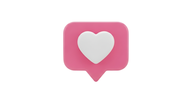 A 3d rendered pink speech bubble icon with a white heart symbol inside isolated on white background