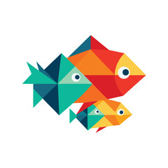 Colorful geometric fish illustration with three fish of different sizes