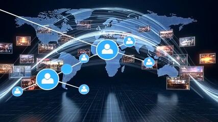 Digital world map with interconnected media frames and user icons on dark background - Powered by Adobe