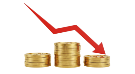 Red downward arrow graphic pointing towards decreasing stacks of gold coins isolated on white background