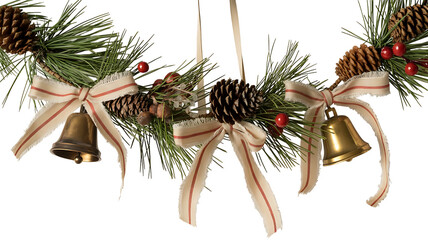 Festive christmas garland with pine cones, bells, and ribbons isolated on transparent background