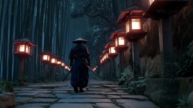 灯籠道を歩む侍