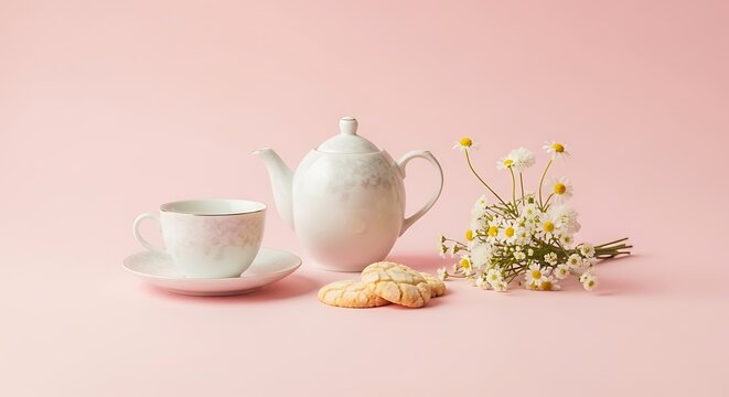 Delicate tea set with cookies and flowers on a pink background