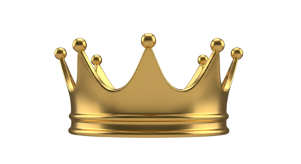 A gleaming golden royal crown with intricate details sits majestically isolated on white background
