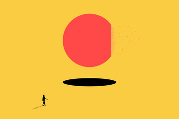 Business woman facing large ball. concept of Business leader, courage, bravery, fearless leadership and success