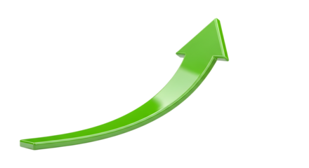 A bright green glossy arrow curves upwards indicating growth and progress isolated on white background