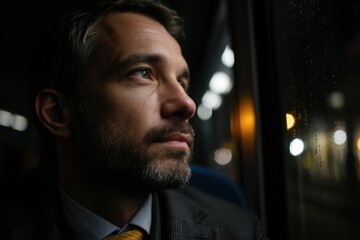 Pensive businessman looking out bus window at night