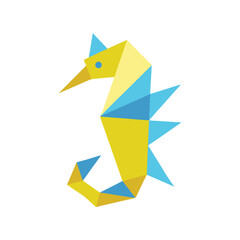 Geometric seahorse illustration featuring vibrant yellow and blue polygonal shapes