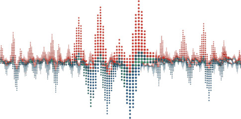 Multi colored halftone pattern from red, green, blue dots. Modern design rhythm of heart. Spectrum of sound wave, audio waveform. Abstract dotted ornament isolated on white background