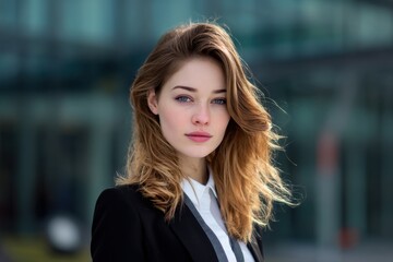 Fototapeta premium Young businesswoman posing outside office building