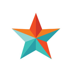 A colorful five pointed star with overlapping shades of blue orange and red