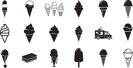 Collection of various ice cream, cone, dessert, sweet, food, summer,  icons in black and white design