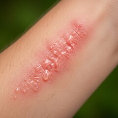 Fototapeta premium Close-up of a painful skin rash with blisters and fluid on a persons arm.