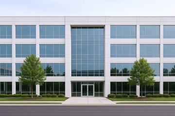 Modern Office Building Facade with Glass Windows and Minimalist Architecture in a Corporate Park