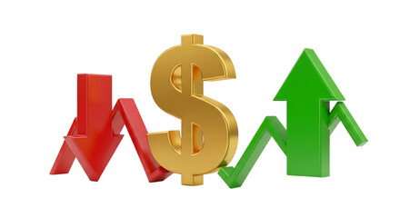 Golden dollar sign surrounded by red downward and green upward trend arrows isolated on white background