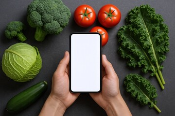 Smartphone Mockup Displaying Healthy Food Choices: Fresh Vegetables, Nutrition App, Diet Plan on Dark Background