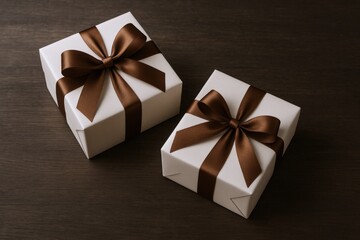 Obraz premium Two Elegant White Gift Boxes Adorned with Brown Ribbon Bows on Dark Wood Background