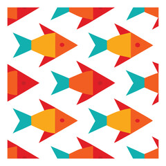 Colorful geometric fish pattern seamlessly repeated on a white background