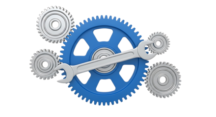 A large blue gear with a silver wrench and smaller silver gears arranged on a white background isolated on white background