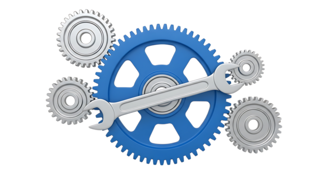 A large blue gear with a silver wrench and smaller silver gears arranged on a white background isolated on white background