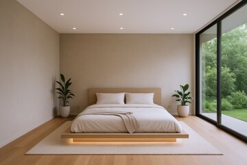 Minimalist Bedroom Interior with Platform Bed, Natural Light, and Garden View for Modern Living