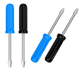 Isolated blue and black screwdriver tool set. 3D rendering.