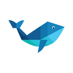 Geometric blue whale illustration with simple polygonal shapes and a playful design