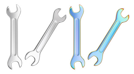 Isolated realistic chrome wrench tool set. 3D rendering.