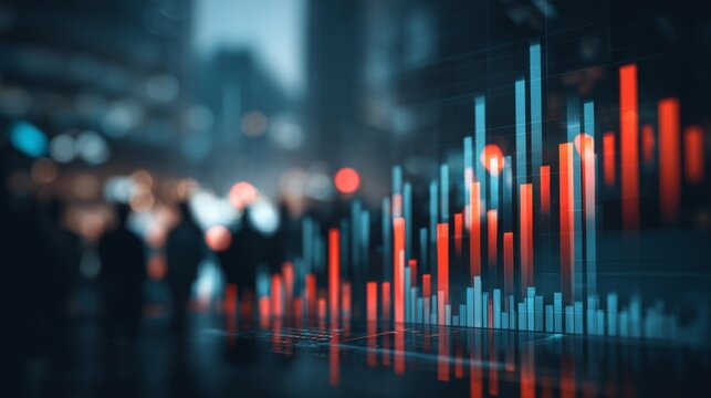 Abstract financial data visualization with colorful bars and blurred cityscape background showcasing trends in stock market activity