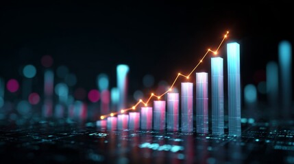Digital Stock Market Visualization with Rising Graph and Dynamic Columns Reflecting Growth and Progress in Financial Data Analysis and Investment Trends