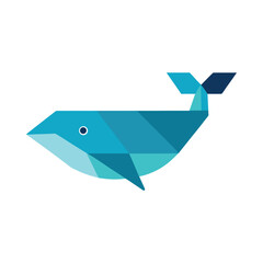 Geometric blue whale illustration with polygonal shapes in a minimalist style